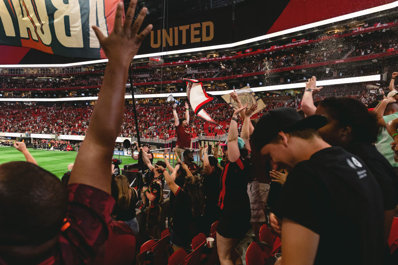 Fans celebrate a goal during the match against CF Pachuca at Mercedes-Benz Stadium in Atlanta, Georgia, on Tuesday June 14, 2022. (Photo by Jay Bendlin/Atlanta United)