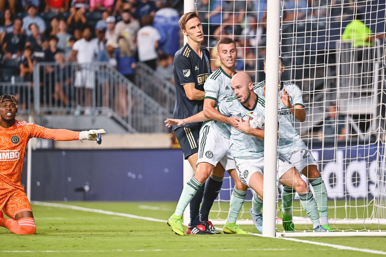 Atlanta United defender Andrew Gutman #15 reacts after scoring a goal during the first half of the match against Philadelphia Union at Subaru Park in Philadelphia, United States on Wednesday August 31, 2022. (Photo by Dakota Williams/Atlanta United)