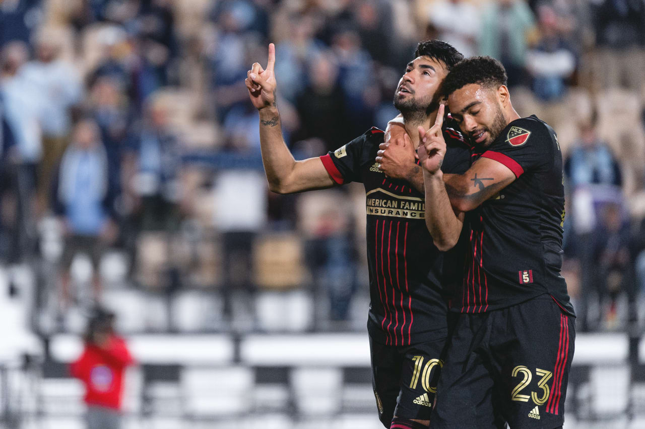 Atlanta United midfielder Marcelino Moreno #10 celebrates with midfielder Jake Mulraney #23 after scoring a goal during the match against Chattanooga FC at Fifth Third Bank Stadium in Kennesaw, United States on Wednesday April 20, 2022. (Photo by Dakota Williams/Atlanta United)