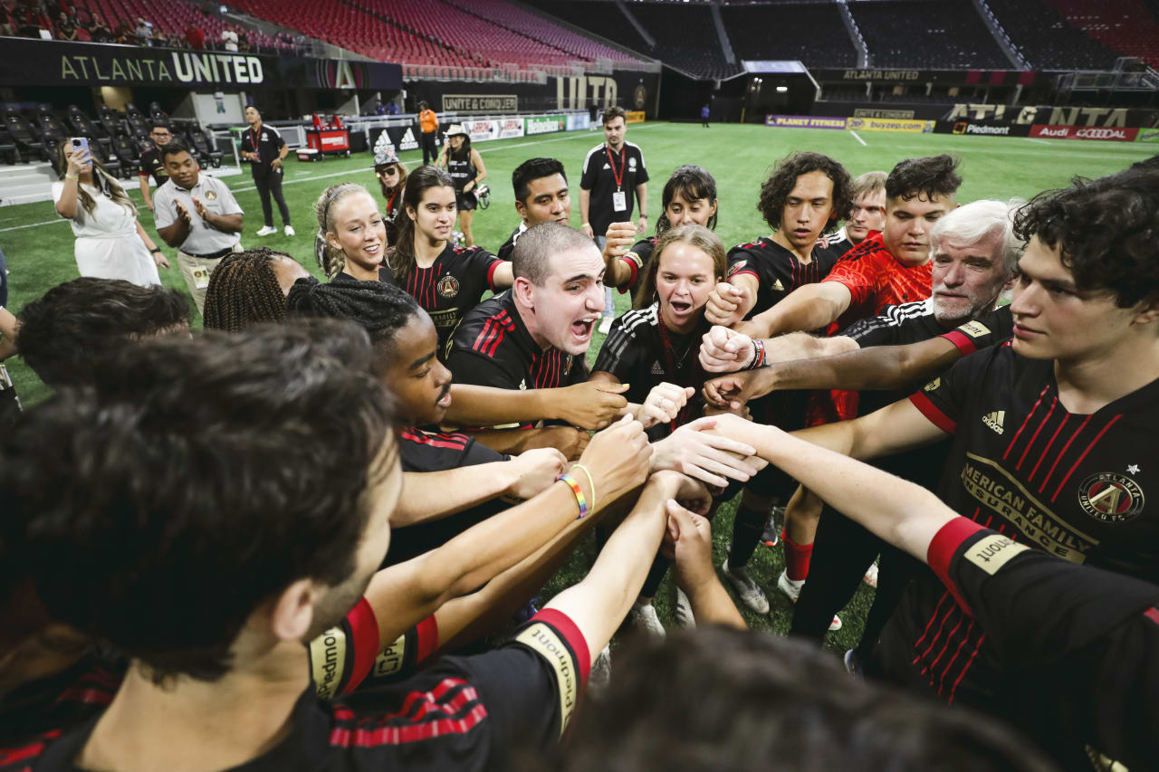 Players celebrate after the Unified match against Orlando City SC at Mercedes-Benz Stadium in Atlanta, Georgia, on Sunday July 17, 2022. (Photo by AJ Reynolds/Atlanta United)