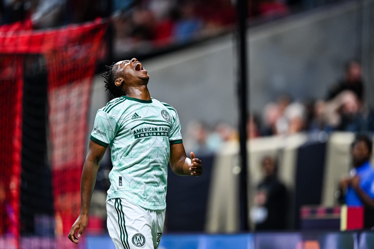 Atlanta United midfielder Ajani Fortune #35 reacts during the match against New York City FC at Mercedes-Benz Stadium in Atlanta, GA on Wednesday, June 21, 2023. (Photo by Mitchell Martin/Atlanta United)