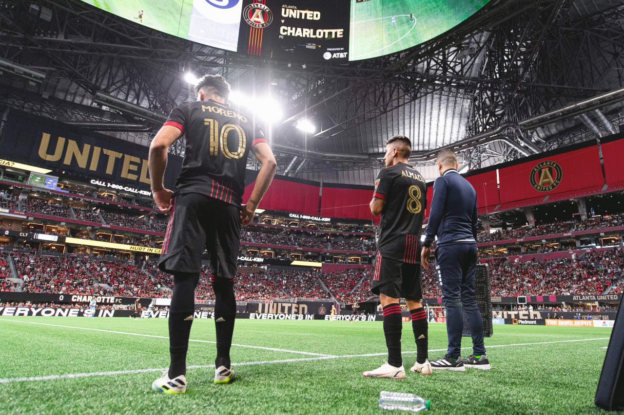 Atlanta United midfielder Marcelino Moreno #10 and midfielder Thiago Almada #8 are subbed in during the 2022 Opening Day match against Charlotte FC at Mercedes-Benz Stadium in Atlanta, United States on Sunday March 13, 2022. (Photo by Dakota Williams/Atlanta United)