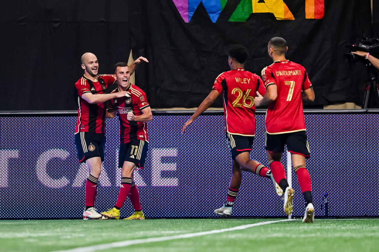Atlanta United defender Andrew Gutman #15 celebrates with teammates after scoring a goal during the match against D.C. United at Mercedes-Benz Stadium in Atlanta, GA on Saturday, June 10, 2023. (Photo by Jay Bendlin/Atlanta United)