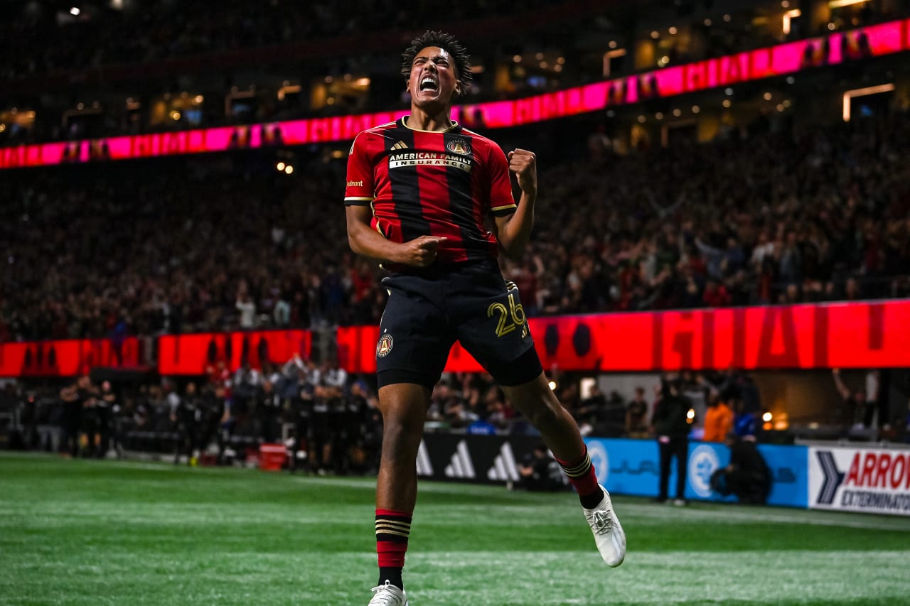 Atlanta United defender Caleb Wiley #26 celebrates a goal during the first half of the match against Portland Timbers at Mercedes-Benz Stadium in Atlanta, GA on Saturday March 18, 2023. (Photo by Brandon Magnus/Atlanta United)