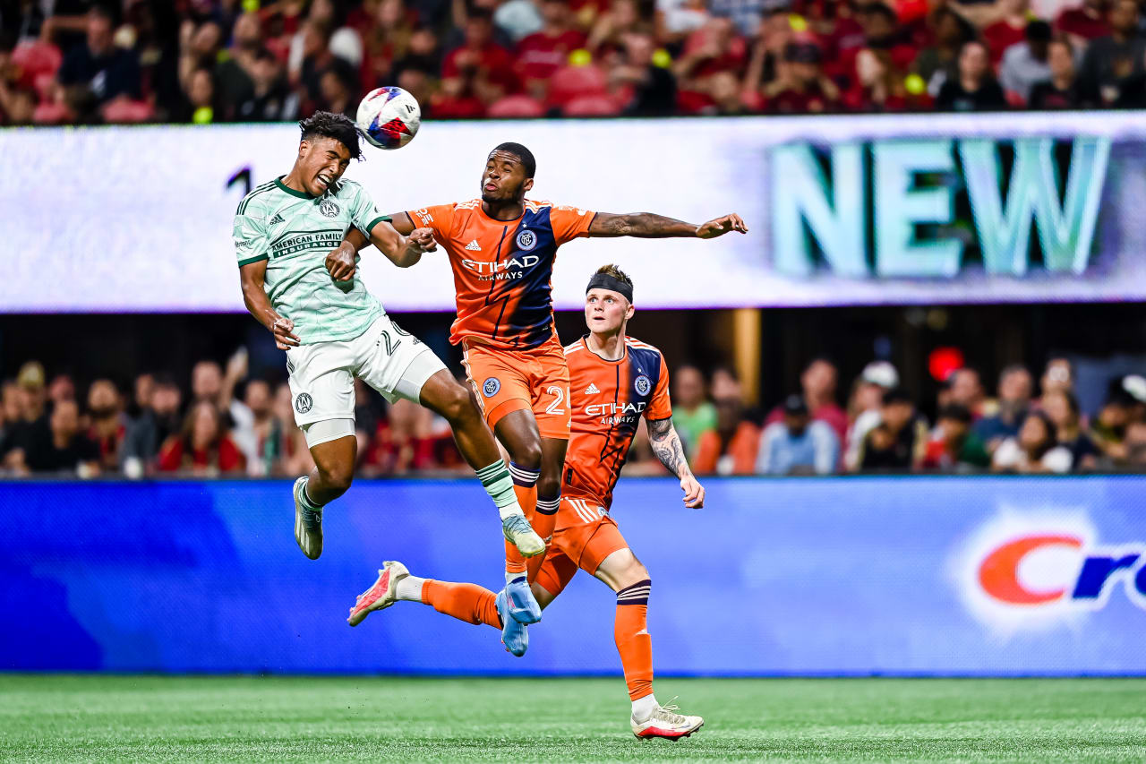Atlanta United defender Caleb Wiley #26 heads the ball during the match against New York City FC at Mercedes-Benz Stadium in Atlanta, GA on Wednesday, June 21, 2023. (Photo by Mitchell Martin/Atlanta United)
