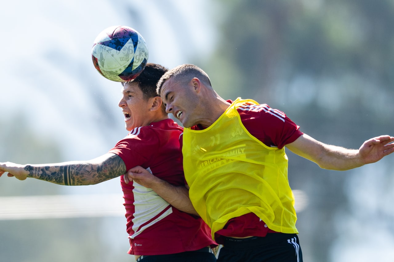 Atlanta United midfielder Franco Ibarra #14 and defender Brooks Lennon #11 fight for possession during a preseason training camp session at CAR - Mexican National Team Training Facility in Mexico City, CDMX, on Tuesday January 31, 2023. (Photo by Mitch Martin/Atlanta United)