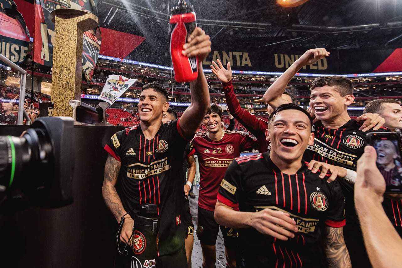 Atlanta United players celebrate on the capo stand after the match against DC United at Mercedes-Benz Stadium in Atlanta, Georgia, on Saturday September 18, 2021. (Photo by Jacob Gonzalez/Atlanta United)