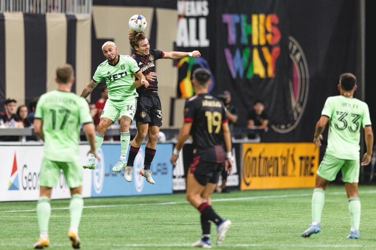 Atlanta United defender Aidan McFadden #37 heads the ball during the first half of the match against Austin FC at Mercedes-Benz Stadium in Atlanta, United States on Saturday July 9, 2022. (Photo by Matthew Grimes/Atlanta United)