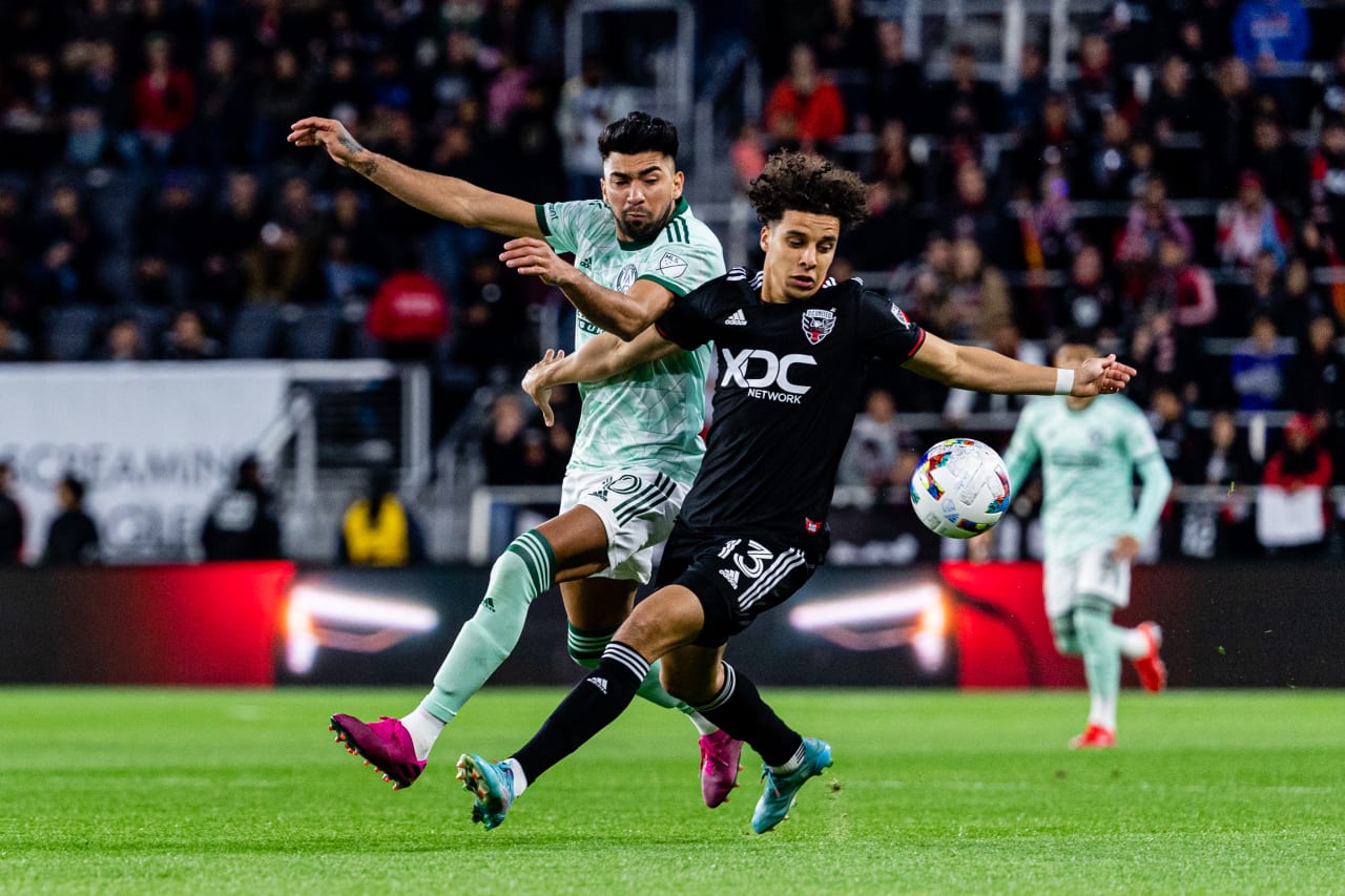 Atlanta United midfielder Marcelino Moreno #10 fights for possession during the match against DC United at Audi Field in Washington, DC, on Saturday April 2, 2022. (Photo by Mitch Martin/Atlanta United)
