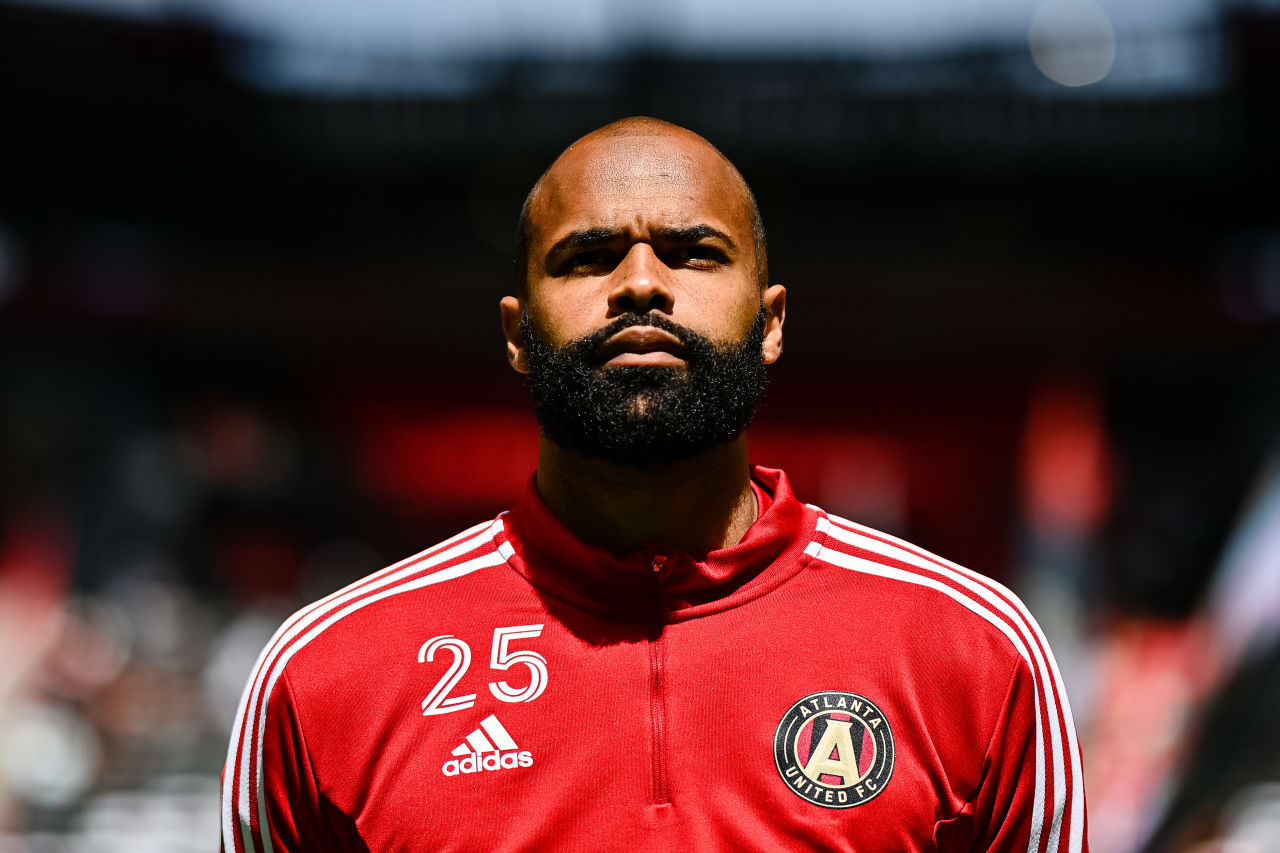 Atlanta United goalkeeper Clement Diop #25 warms up prior to the match against Chicago Fire FC at Mercedes-Benz Stadium in Atlanta, GA on Sunday, April 23, 2023. (Photo by Brandon Magnus/Atlanta United)