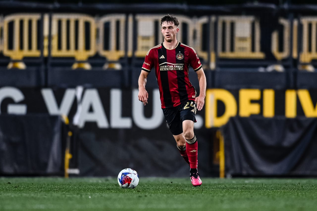 Atlanta United defender Noah Cobb #24 dribbles during the first half of the Open Cup match against Memphis 901 FC at Fifth Third Bank Stadium in Kennesaw, GA on Wednesday April 26, 2023. (Photo by Mitchell Martin/Atlanta United)