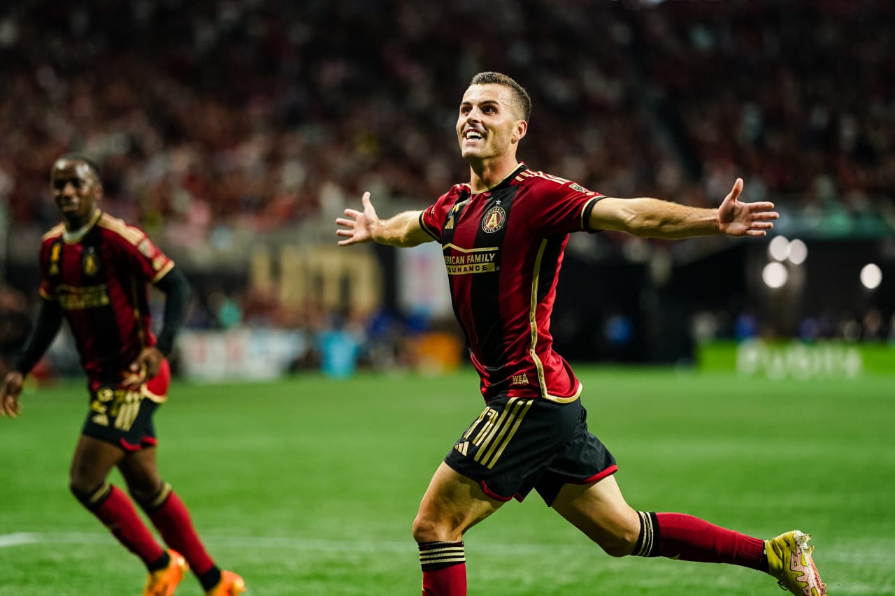 Atlanta United defender Brooks Lennon #11 celebrates after a goal during the first half of the match against Inter Miami at Mercedes-Benz Stadium in Atlanta, GA on Saturday, September 16, 2023. (Photo by Matthew Grimes/Atlanta United)