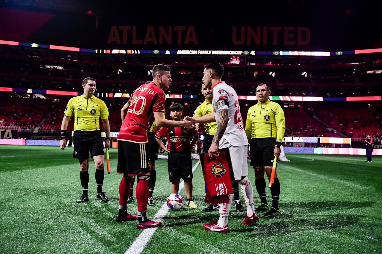 The Coin Toss before the preseason match against Toluca FC at Mercedes-Benz Stadium in Atlanta, GA on Wednesday February 15, 2023. (Photo by Kyle Hess/Atlanta United)