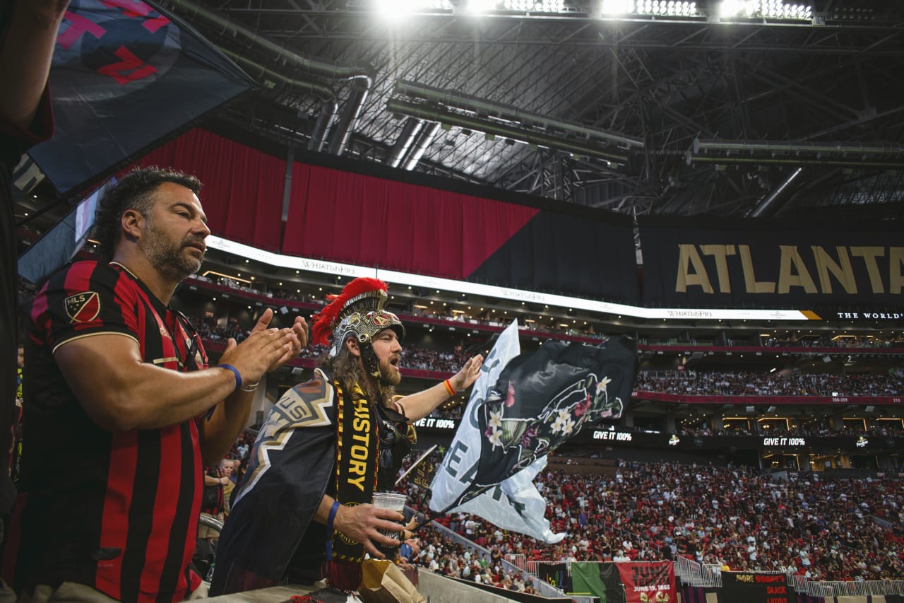 Atlanta United supporters celebrate after the match against Inter Miami CF at Mercedes-Benz Stadium in Atlanta, Georgia, on Sunday June 19, 2022. (Photo by Kathryn Skeean/Atlanta United)