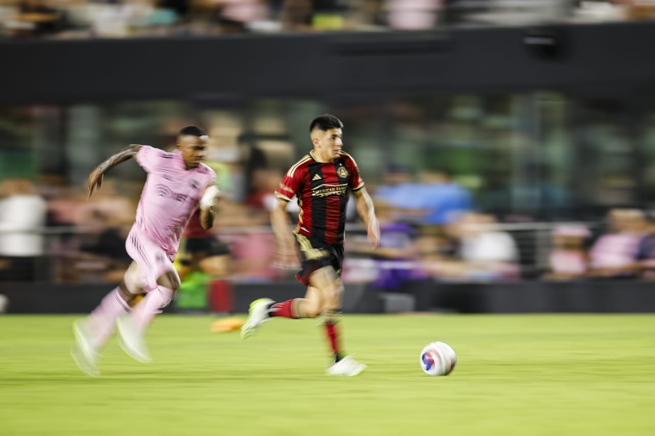 Atlanta United midfielder Thiago Almada #23 dribbles during the second half of the match against Inter Miami at DRV PNK Stadium in Fort Lauderdale, FL on Tuesday, July 25, 2023. (Photo by James Gilbert/Atlanta United)