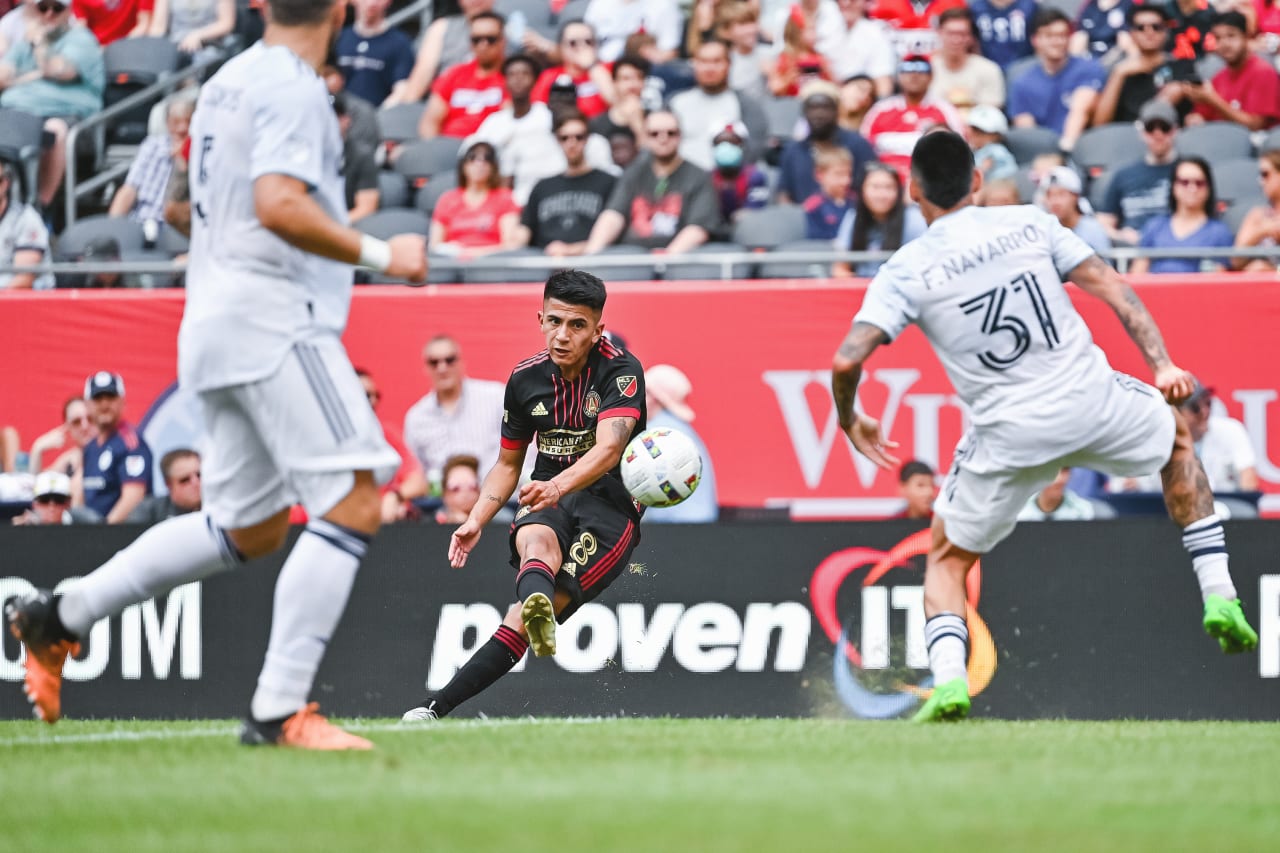 Atlanta United midfielder Thiago Almada #8 kicks the ball during the first half of the match against Chicago Fire FC at Soldier Field in Chicago, United States on Saturday July 30, 2022. (Photo by Dakota Williams/Atlanta United)