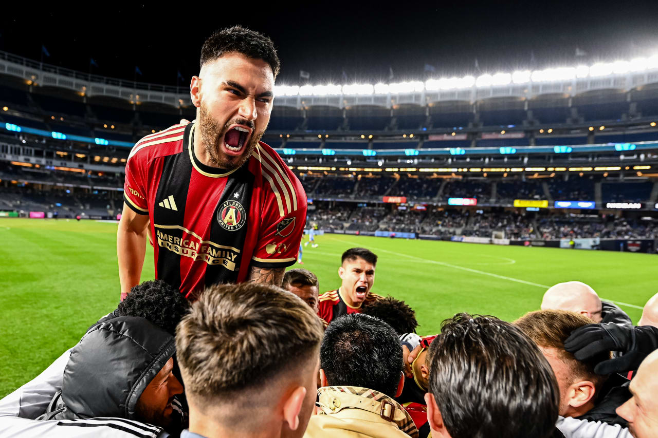 Atlanta United defender Juan José Sanchez Purata #22 celebrates with teammates after a goal by forward Giorgos Giakoumakis #7 during the second half of the match against New York City FC at Yankee Stadium in Bronx, NY on Saturday, April 8, 2023. (Photo by Mitchell Martin/Atlanta United)