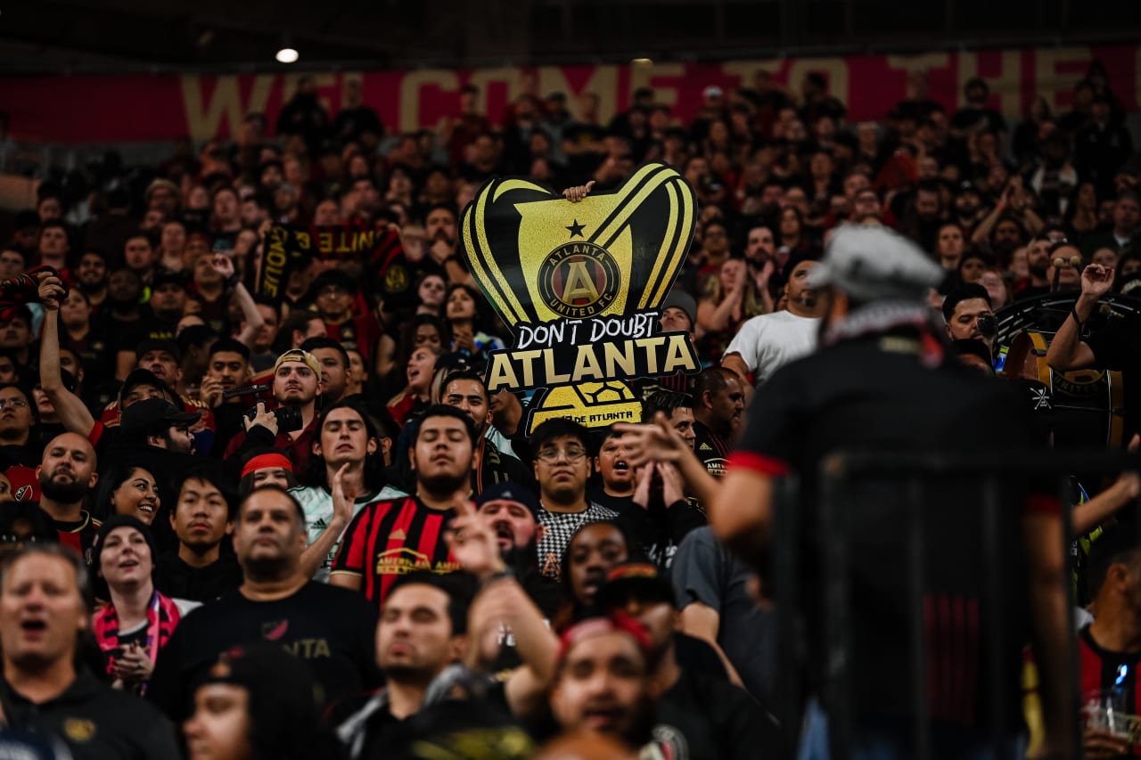 Supporters stand during the first half of the match against Columbus Crew at Mercedes-Benz Stadium in Atlanta, GA on Tuesday, November 7, 2023. (Photo by Brandon Magnus/Atlanta United)