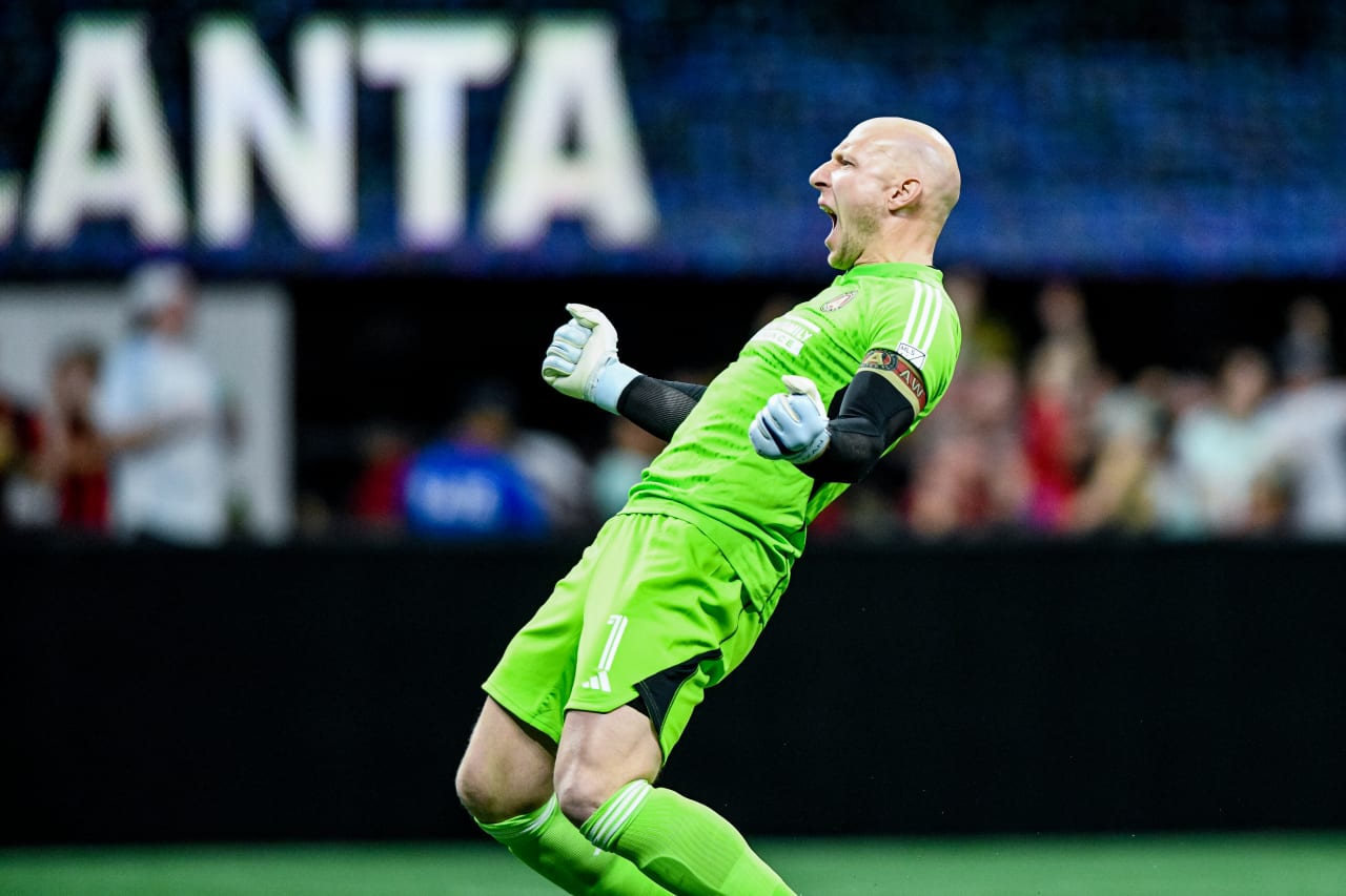 Atlanta United goalkeeper Brad Guzan #1 reacts after a goal during the first half during the match against New York Red Bulls at Mercedes-Benz Stadium in Atlanta, GA on Saturday, April 1, 2023. (Photo by AJ Reynolds/Atlanta United)