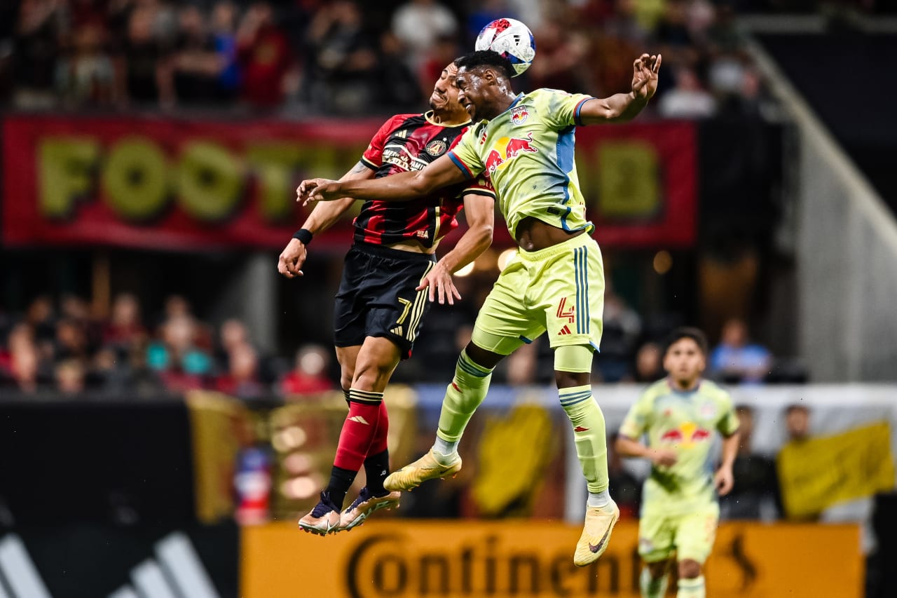 Atlanta United forward Giorgos Giakoumakis #7 heads the ball during the first half during the match against New York Red Bulls at Mercedes-Benz Stadium in Atlanta, GA on Saturday April 1, 2023. (Photo by Mitchell Martin/Atlanta United)