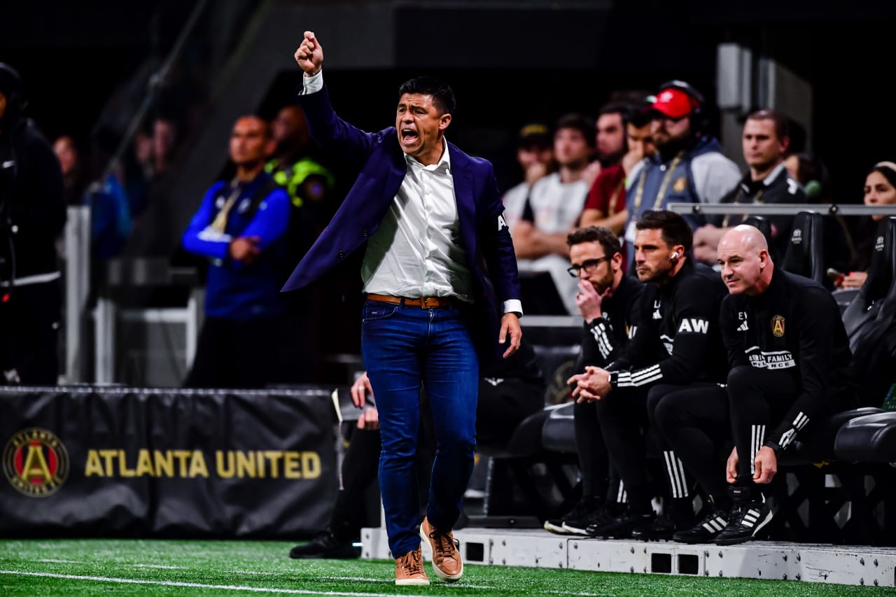 Atlanta United Head Coach Gonzalo Pineda yells from the bench during the match against Toronto FC at Mercedes-Benz Stadium in Atlanta, GA on Saturday March 4, 2023. (Photo by Kyle Hess/Atlanta United)
