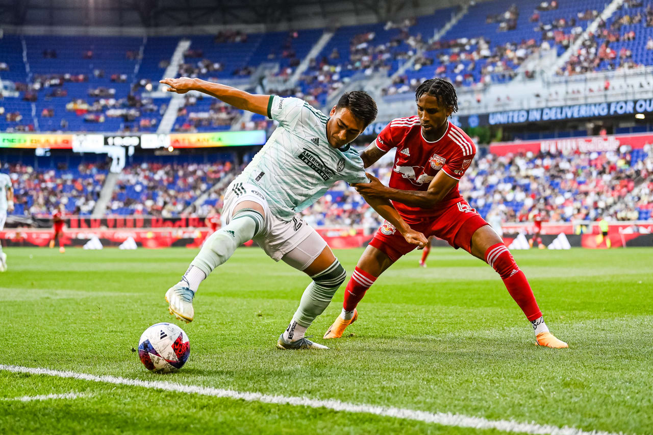 Atlanta United forward Tyler Wolff #28 fights for possession during the match against New York Red Bulls at Red Bull Arena in Harrison, NJ on Saturday, June 24, 2023. (Photo by Mitchell Martin/Atlanta United)