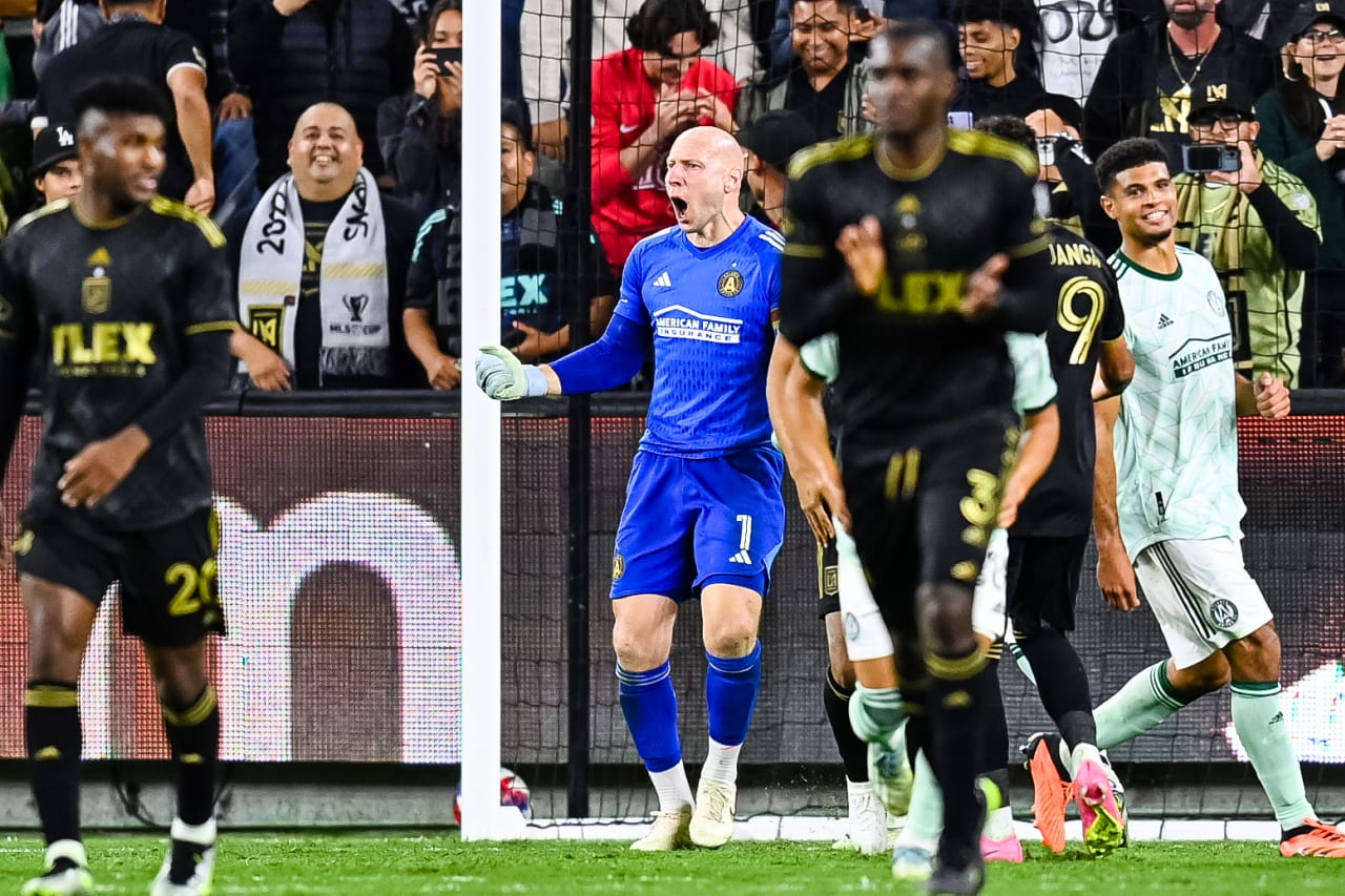 Atlanta United goalkeeper Brad Guzan #1 reacts after a missed penalty during the second half of the match against Los Angeles FC at BMO Stadium in Los Angeles, CA on Wednesday, June 7, 2023. (Photo by Mitchell Martin/Atlanta United)