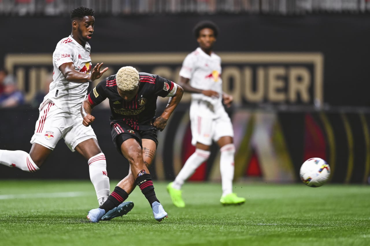 Atlanta United forward Josef Martinez #7 scores a goal during the match against New York Red Bulls at Mercedes-Benz Stadium in Atlanta, United States on Wednesday August 17, 2022. (Photo by Mitchell Martin/Atlanta United)