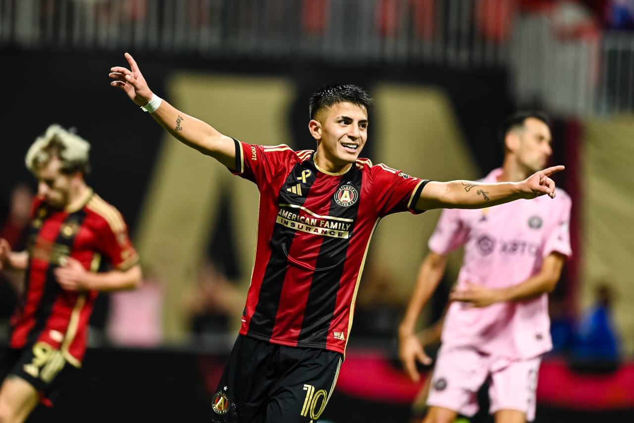 Atlanta United midfielder Thiago Almada #10 reacts after a goal by forward Tyler Wolff #28 during the second half of the match against Inter Miami at Mercedes-Benz Stadium in Atlanta, GA on Saturday, September 16, 2023. (Photo by Mitch Martin/Atlanta United)