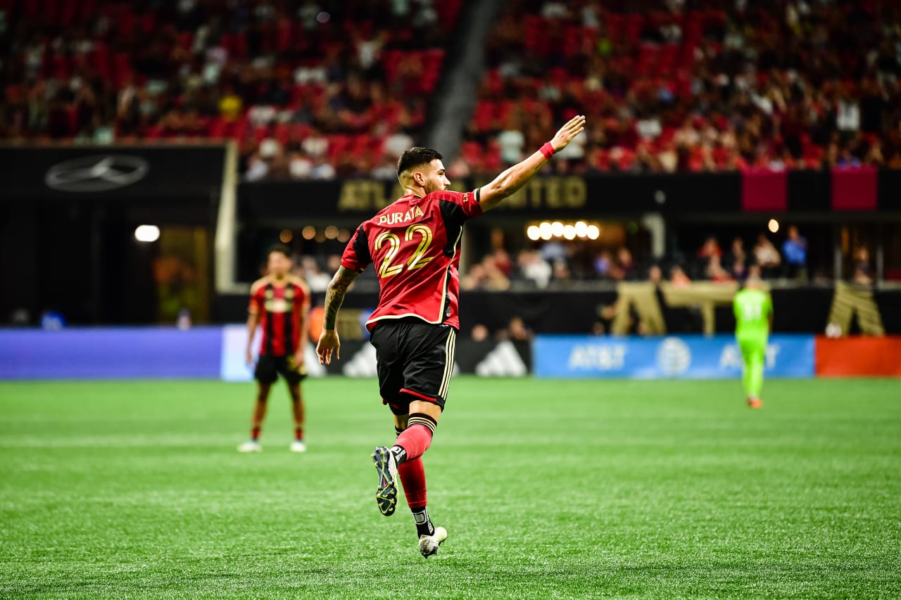 Atlanta United defender Juan José Sanchez Purata #22 celebrates after a goal during the second half of the match against Charlotte FC at Mercedes-Benz Stadium in Atlanta, GA on Saturday May 13, 2023. (Photo by Kyle Hess/Atlanta United)