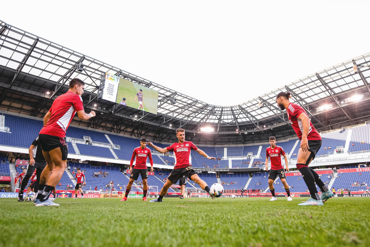 Atlanta United players warm up prior to the match against New York Red Bulls at Red Bull Arena in Harrison, United States on Thursday June 30, 2022. (Photo by Dakota Williams/Atlanta United)