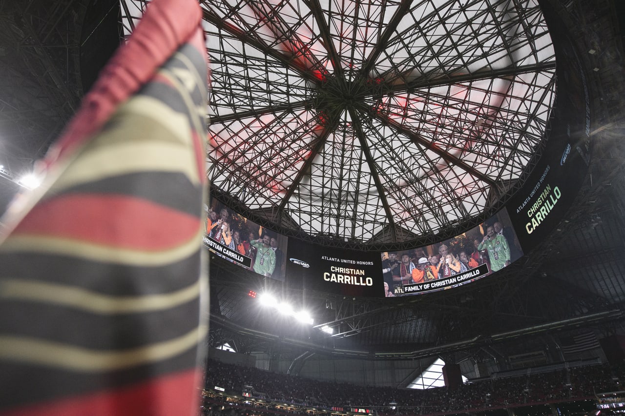 Christian Carrillo is honored at half-time during the 2022 Opening Day match against Sporting Kansas City at Mercedes-Benz Stadium in Atlanta, United States on Sunday February 27, 2022. (Photo by Dakota Williams/Atlanta United)