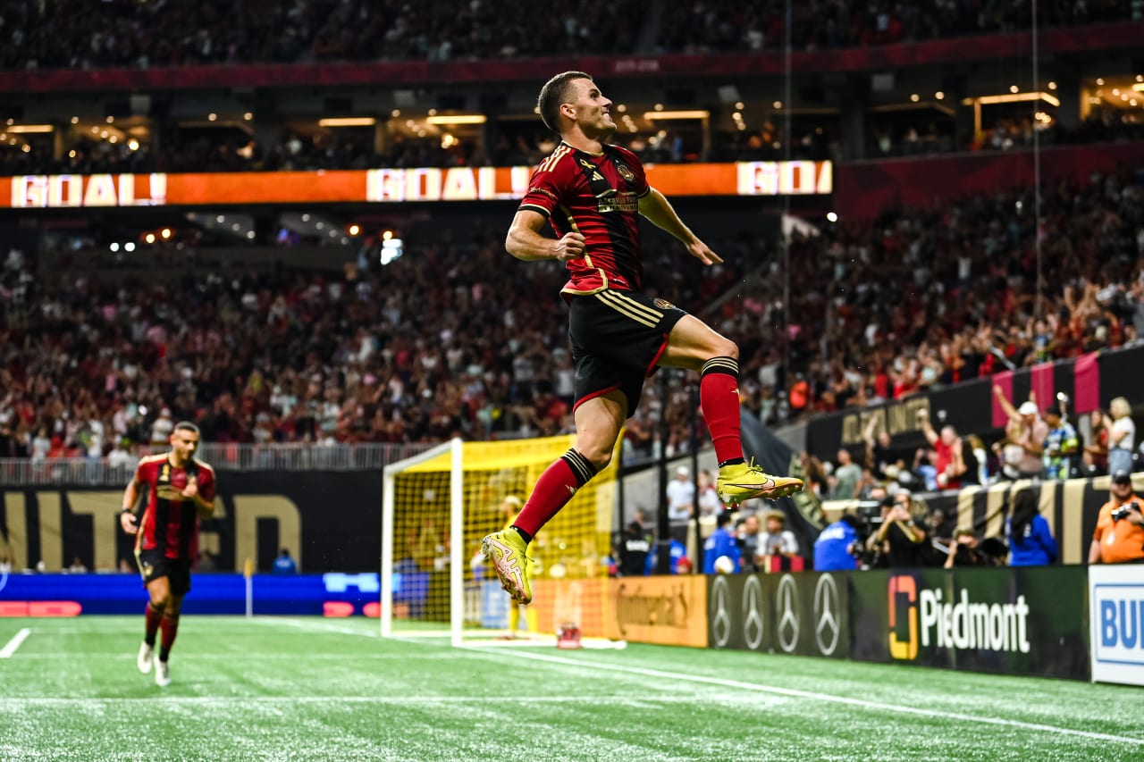 Atlanta United defender Brooks Lennon #11 celebrates after a goal during the match against Inter Miami at Mercedes-Benz Stadium in Atlanta, GA on Saturday, September 16, 2023. (Photo by Mitch Martin/Atlanta United)