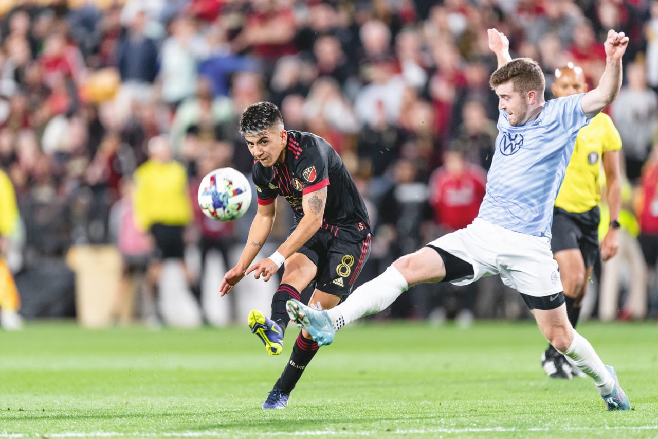 Atlanta United forward Thiago Almada #8 kicks the ball during the match against Chattanooga FC at Fifth Third Bank Stadium in Kennesaw, United States on Wednesday April 20, 2022. (Photo by Kyle Hess/Atlanta United)
