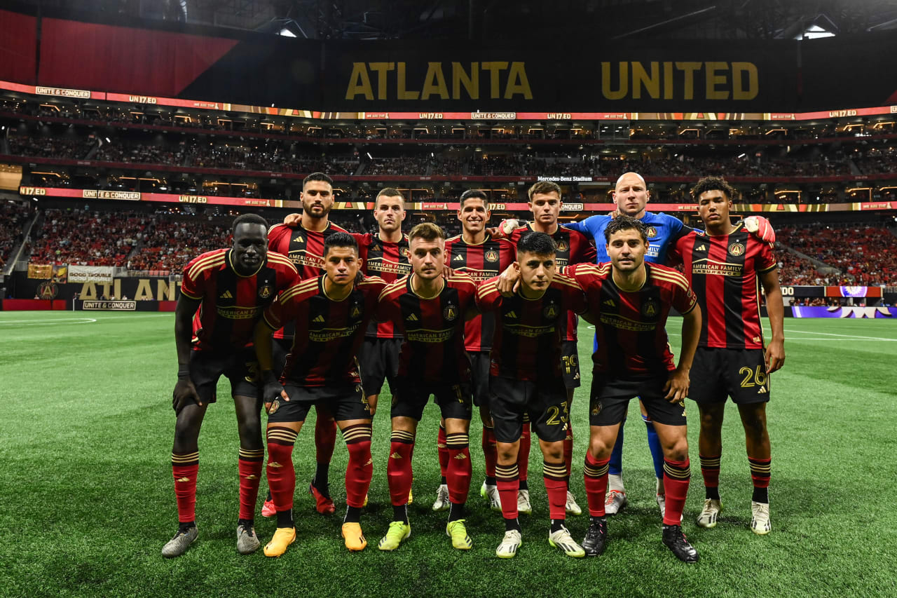 Atlanta United poses for the Starting XI photo during the match against Orlando City at Mercedes-Benz Stadium in Atlanta, GA on Saturday, July 15, 2023. (Photo by Mitchell Martin/Atlanta United)