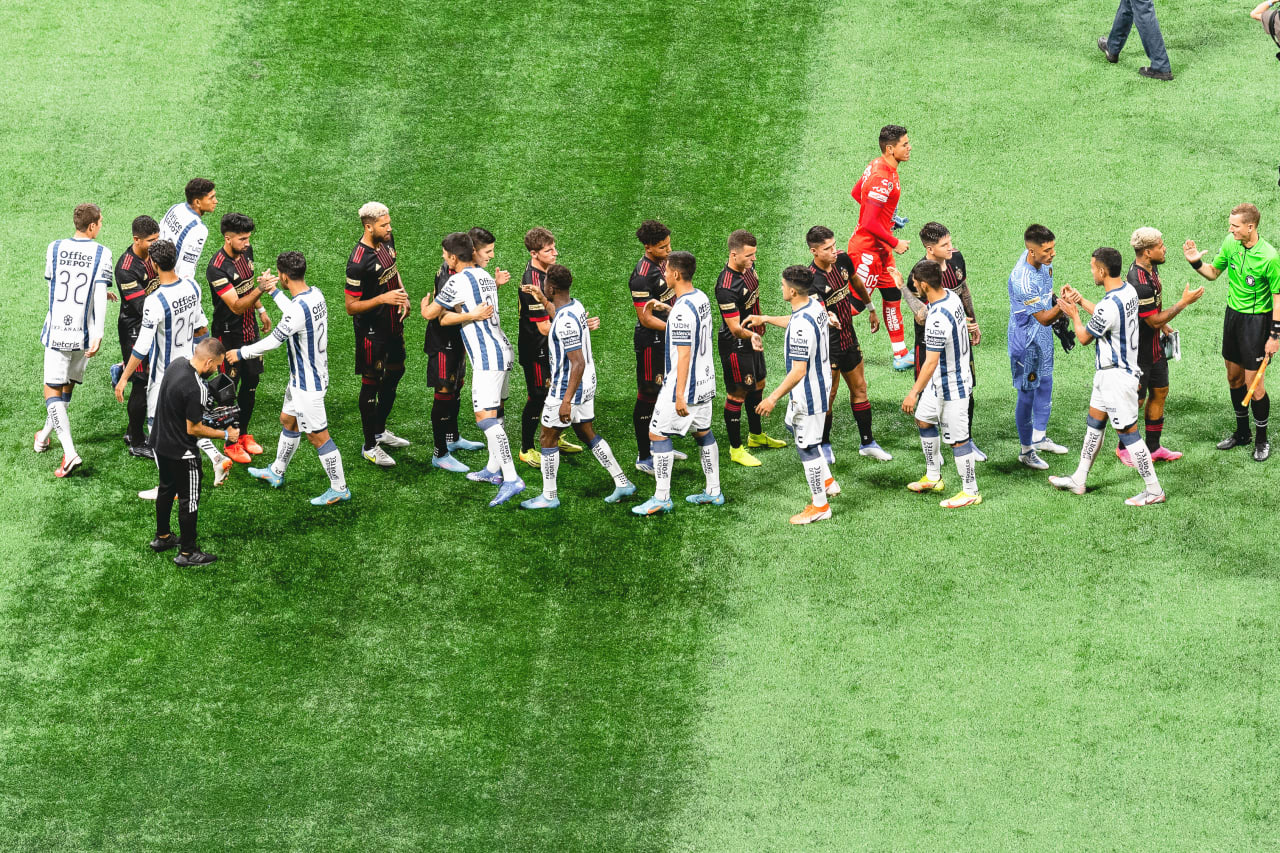 Atlanta United and CF Pachuca players shake hands before the match against CF Pachuca at Mercedes-Benz Stadium in Atlanta, Georgia, on Tuesday June 14, 2022. (Photo by Jay Bendlin/Atlanta United)