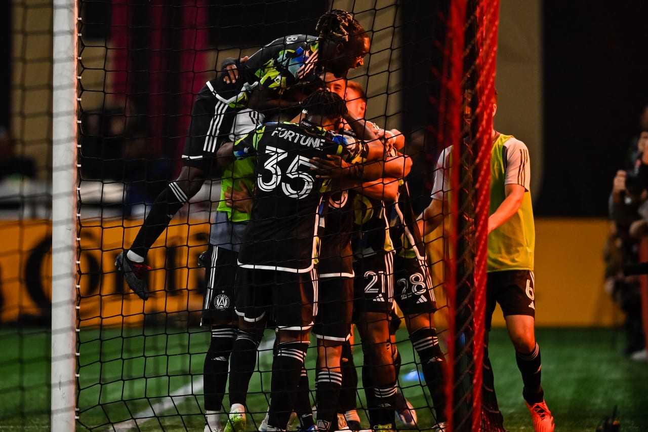 Atlanta United forward Edwin Mosquera #21 celebrates with teammates after a goal during the second half of the match against Columbus Crew at Mercedes-Benz Stadium in Atlanta, GA on Tuesday, November 7, 2023. (Photo by Brandon Magnus/Atlanta United)
