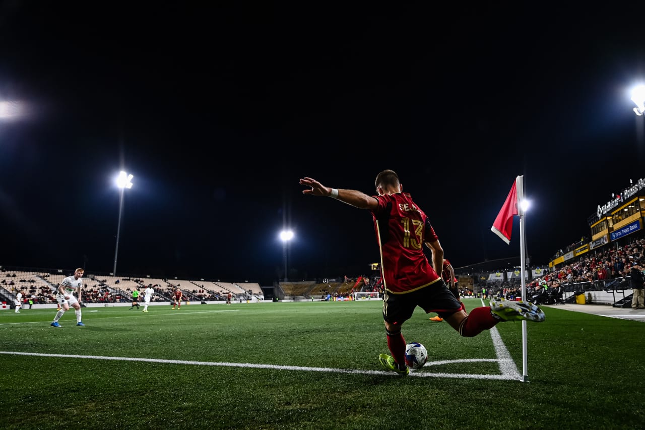 Atlanta United midfielder Amar Sejdic #13 takes a corner during the second half of the Open Cup match against Memphis 901 FC at Fifth Third Bank Stadium in Kennesaw, GA on Wednesday April 26, 2023. (Photo by Mitchell Martin/Atlanta United)