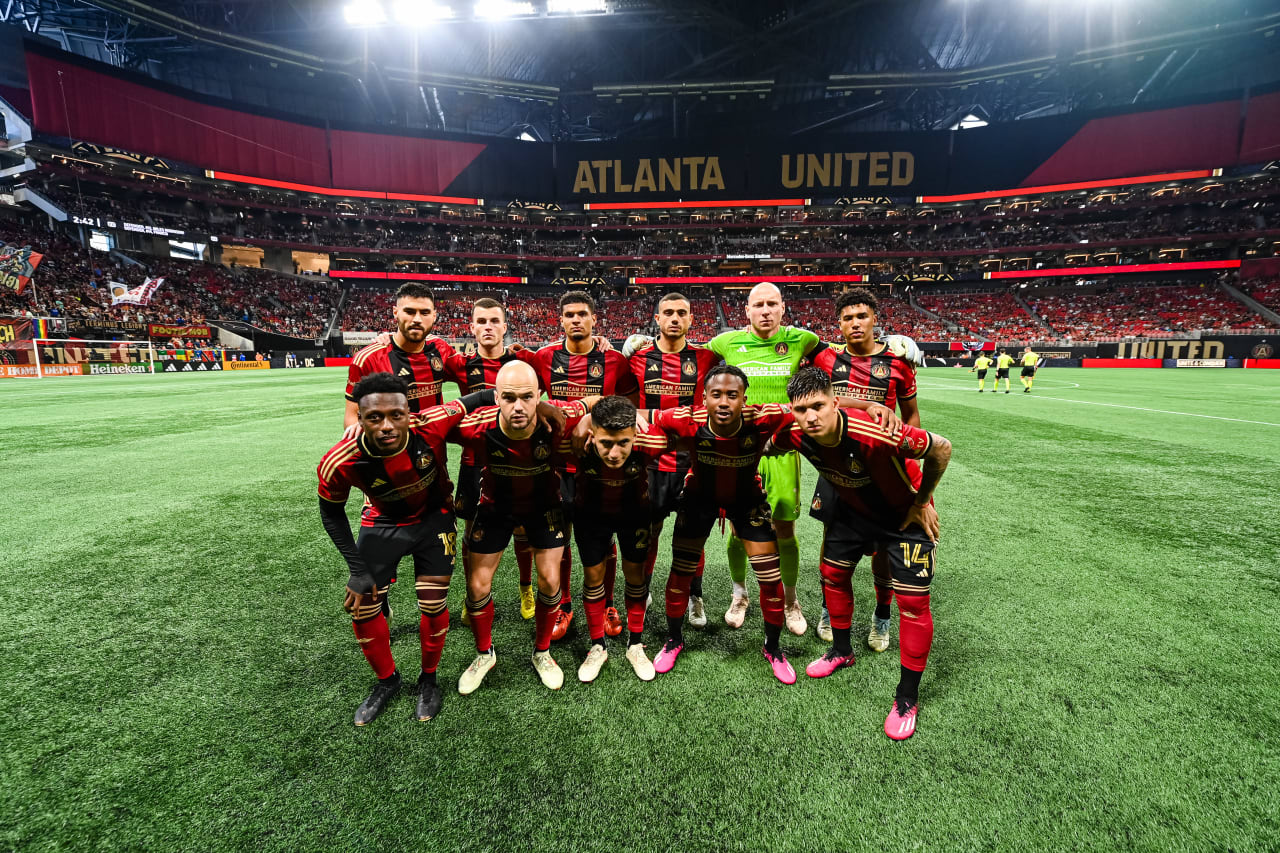 The Starting XI pose for a photo before the match against D.C. United at Mercedes-Benz Stadium in Atlanta, GA on Saturday, June 10, 2023. (Photo by Jay Bendlin/Atlanta United)