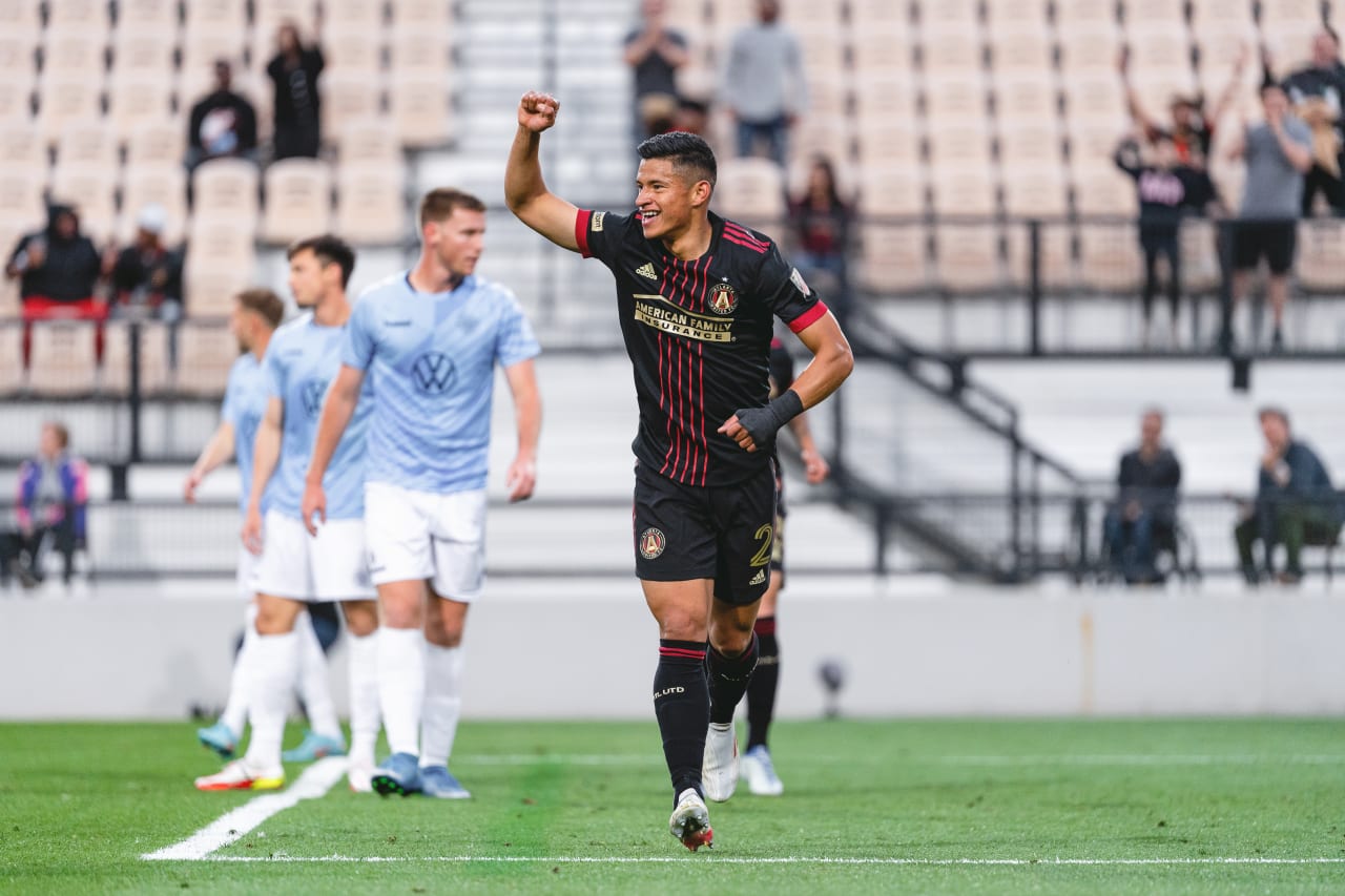 Atlanta United defender Ronald Hernandez #2 celebrates after scoring a goal during the match against Chattanooga FC at Fifth Third Bank Stadium in Kennesaw, United States on Wednesday April 20, 2022. (Photo by Dakota Williams/Atlanta United)