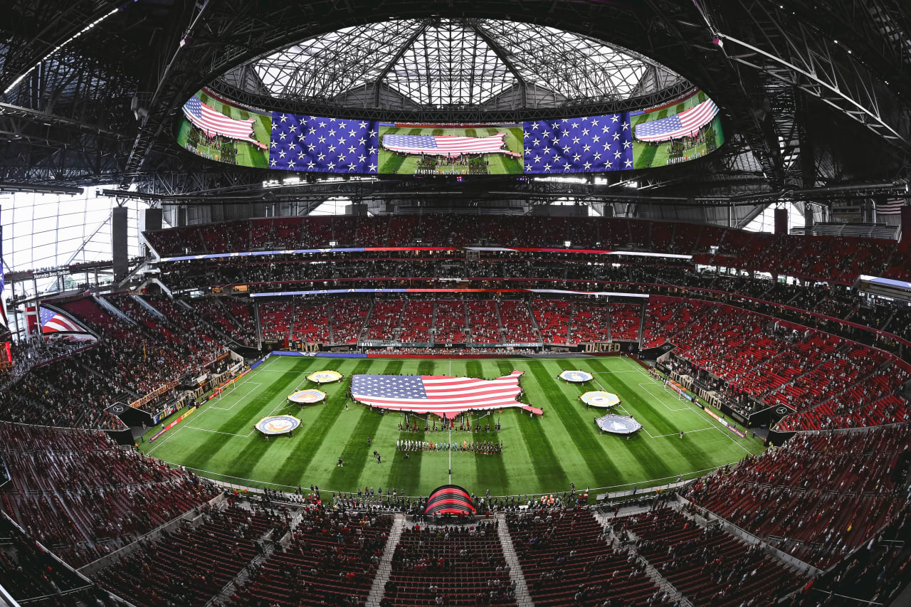 General view of the pitch during national anthem prior to the match between the Atlanta United and the Seattle Sounders FC at Mercedes-Benz Stadium in Atlanta, United States on Saturday August 6, 2022. (Photo by Jay Bendlin/Atlanta United)