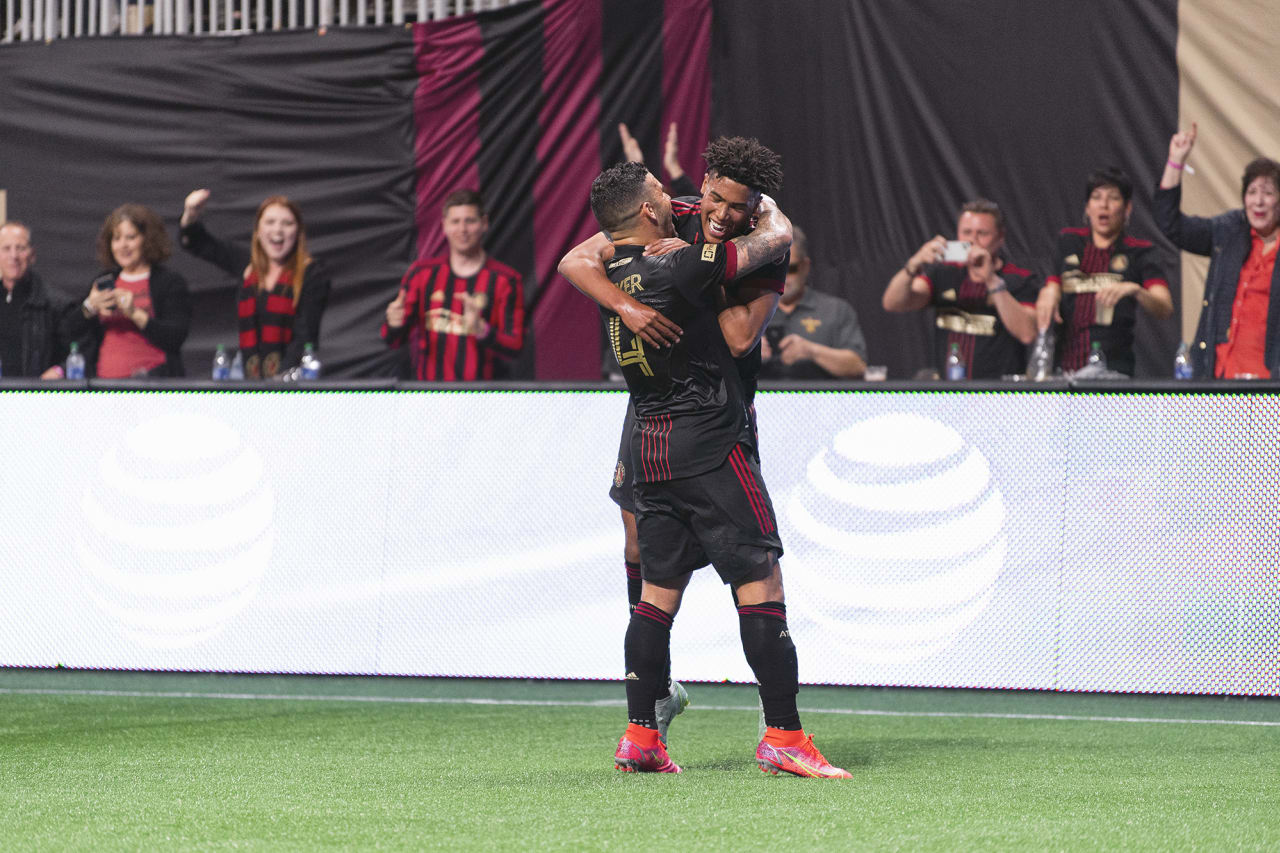 Atlanta United defender Caleb Wiley #26 celebrates after scoring a goal during the 2022 Opening Day match against Sporting Kansas City at Mercedes-Benz Stadium in Atlanta, United States on Sunday February 27, 2022. (Photo by Mitchell Martin/Atlanta United)