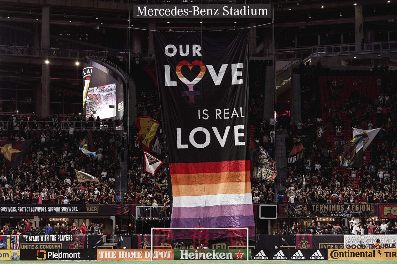 A tifo is displayed before the match against New York City FC at Mercedes-Benz Stadium in Atlanta, Georgia on Wednesday October 20, 2021. (Photo by Brandon Magnus/Atlanta United)