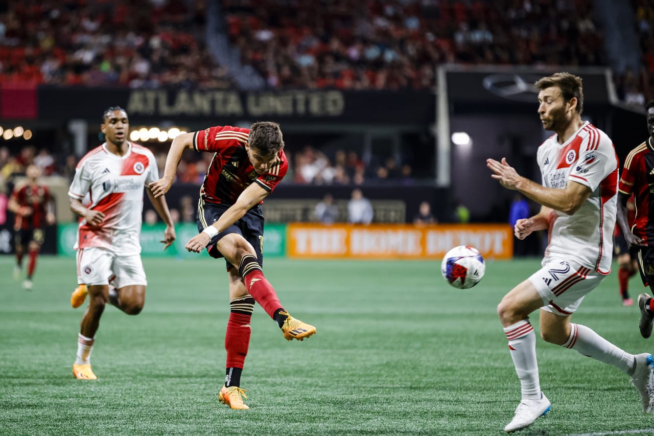 Atlanta United forward Miguel Berry #19 scores a goal during the second half of the match against New England Revolution at Mercedes-Benz Stadium in Atlanta, GA on Wednesday, May 31, 2023. (Photo by Alex Slitz/Atlanta United)