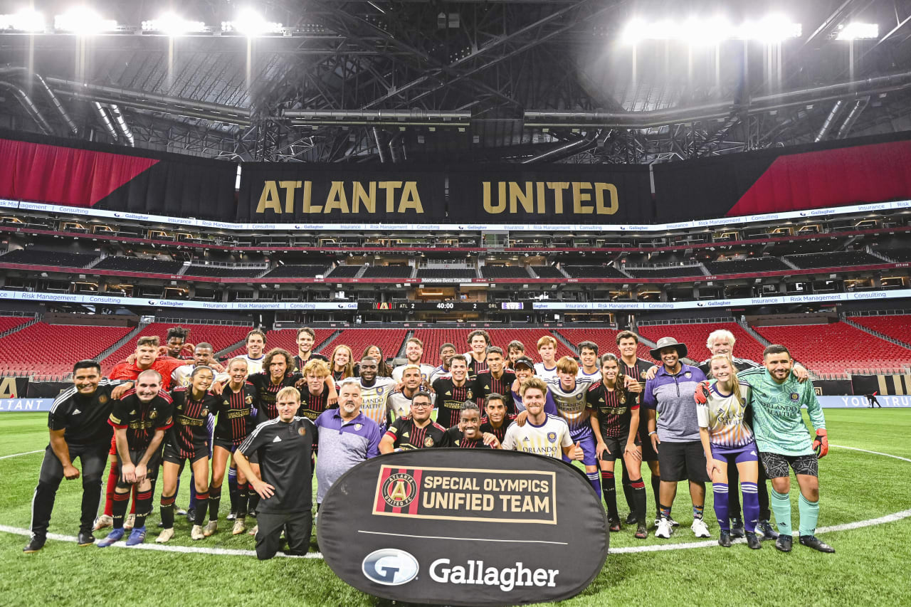 Players pose for a photog after the Unified match against Orlando City SC at Mercedes-Benz Stadium in Atlanta, Georgia, on Sunday July 17, 2022. (Photo by Dakota Williams/Atlanta United)