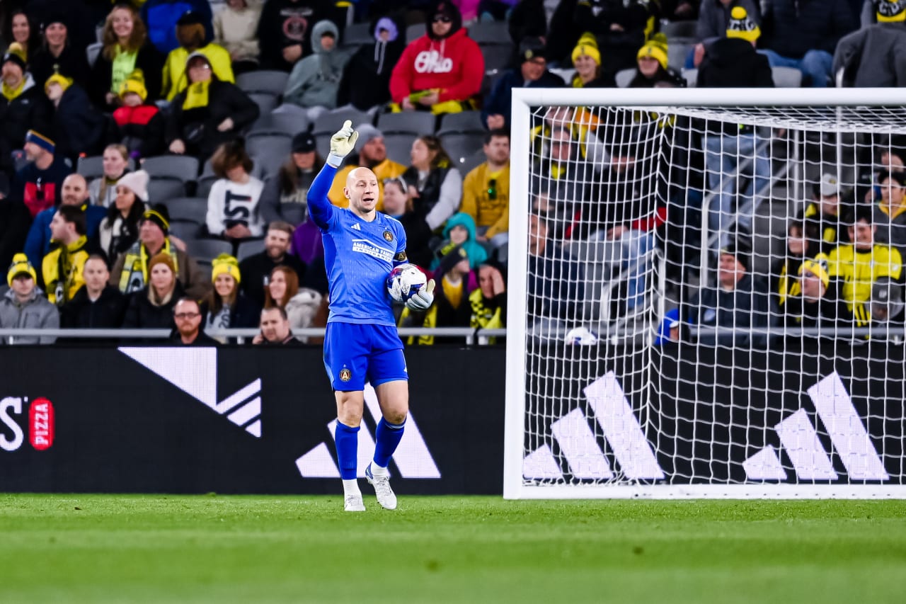 Atlanta United goalkeeper Brad Guzan #1 reacts during the match against Columbus Crew at Lower.com Field in Columbus, OH on Saturday March 25, 2023. (Photo by Mitchell Martin/Atlanta United)