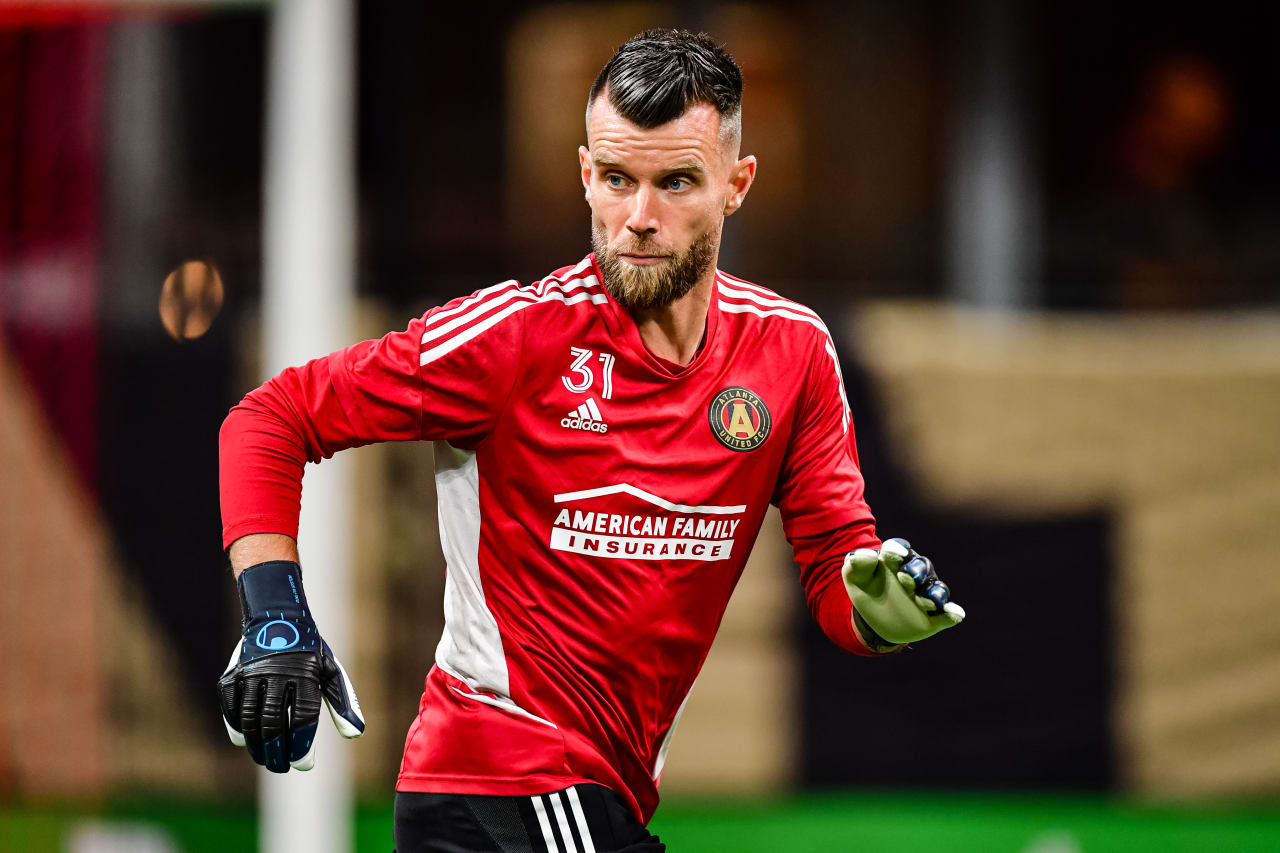Atlanta United goalkeeper Quentin Westberg #31 warms up prior to the match against Charlotte FC at Mercedes-Benz Stadium in Atlanta, GA on Saturday May 13, 2023. (Photo by Kyle Hess/Atlanta United)