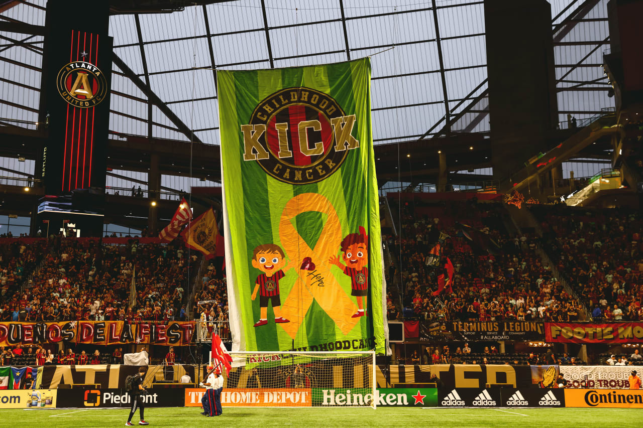 Kick Childhood Cancer banner is seen prior to the match against Toronto FC at Mercedes-Benz Stadium in Atlanta, United States on Saturday September 10, 2022. (Photo by Casey Sykes/Atlanta United)