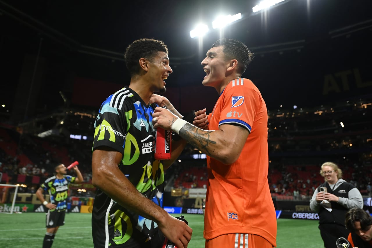Atlanta United defender Miles Robinson #12 talks with another player after the match against Cincinnati FC at Mercedes-Benz Stadium in Atlanta, GA on Wednesday, August 30, 2023. (Photo by Mitch Martin/Atlanta United)