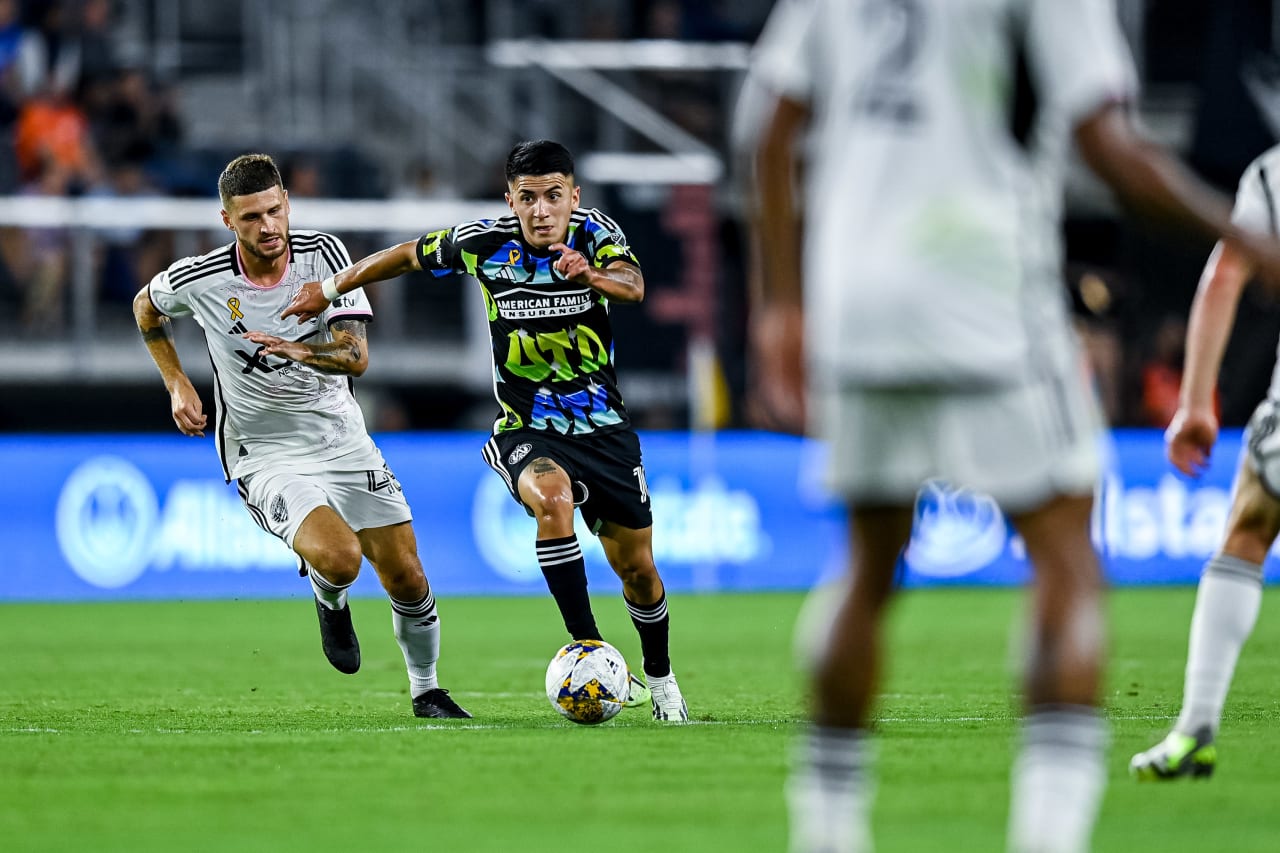 Atlanta United midfielder Thiago Almada #10 dribbles the ball during the match against D.C. United at Audi Field in Washington, D.C. on Wednesday, September 20, 2023. (Photo by Mitch Martin/Atlanta United)